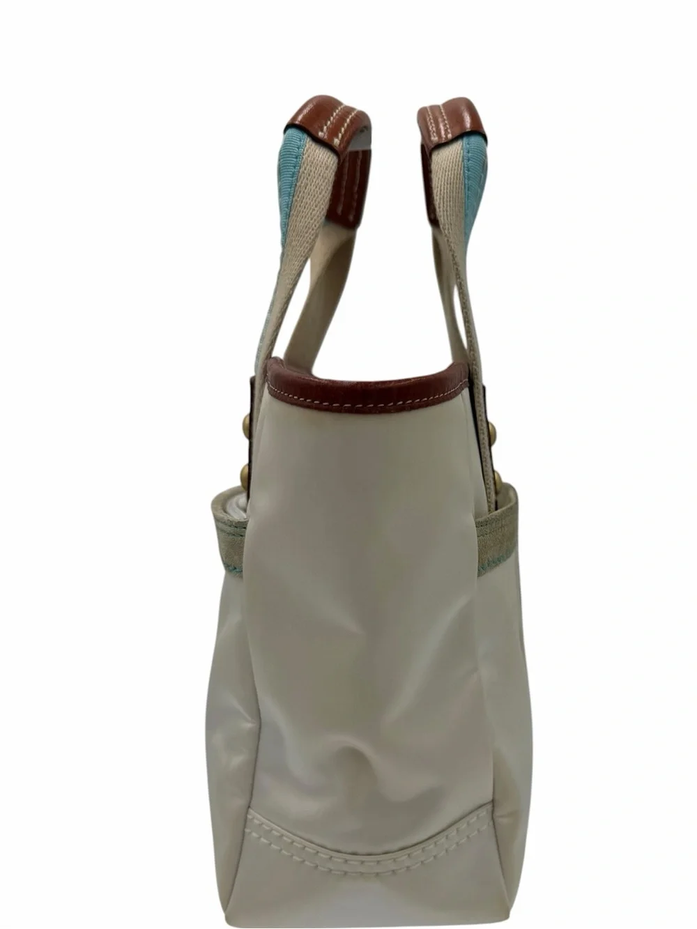 Vintage Coach Hampton White & Aqua Nylon Mini Tote Bag Leather Trim - Picture 2 of 12